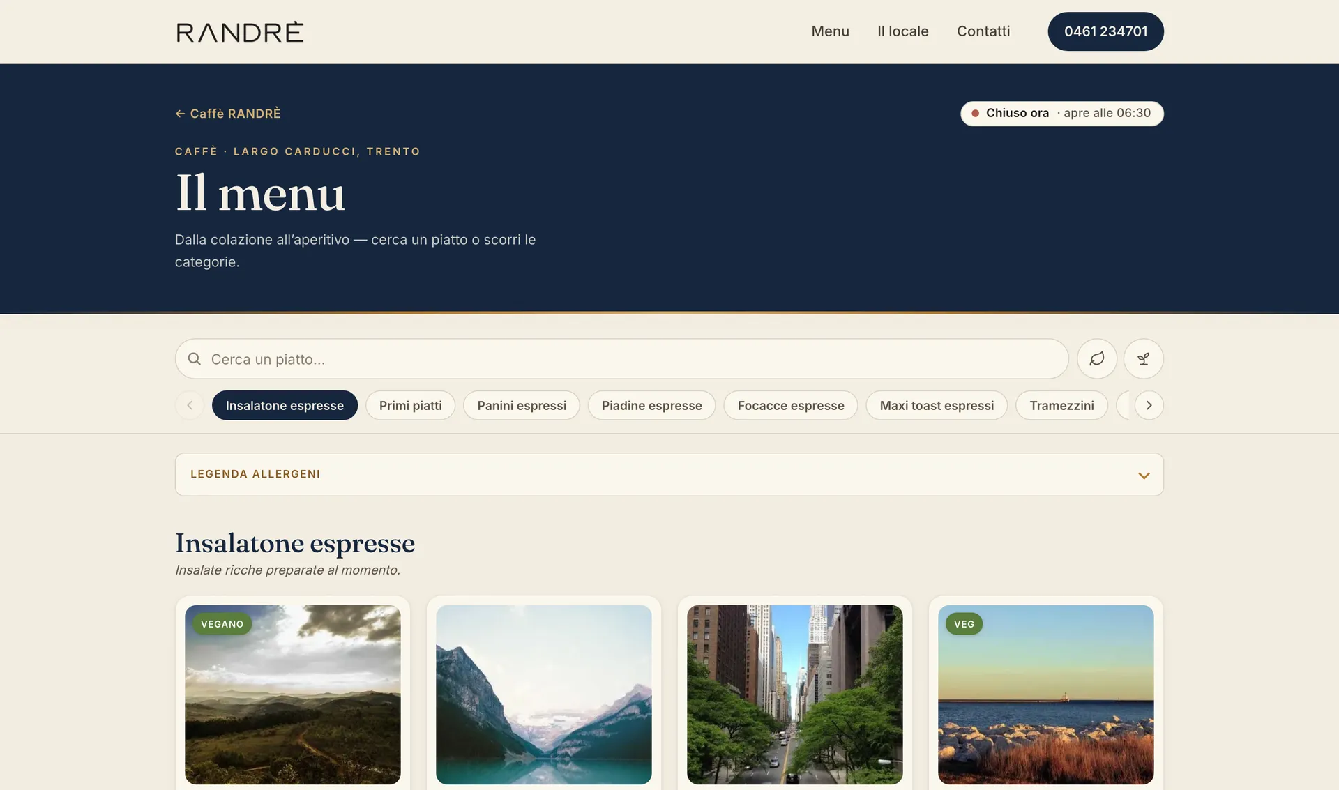 Sito del Caffè RANDRÈ di Trento: menu digitale consultabile